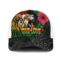 Hawaiian One Love Mesh Trucker Cap Reggae Lion Tropical Plants and Kakau with Tribal Pattern