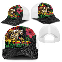 Hawaiian One Love Mesh Trucker Cap Reggae Lion Tropical Plants and Kakau with Tribal Pattern