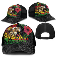 Hawaiian One Love Mesh Trucker Cap Reggae Lion Tropical Plants and Kakau with Tribal Pattern