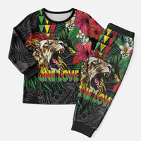 Hawaiian One Love Christmas Pajama Set Reggae Lion Tropical Plants and Kakau with Tribal Pattern