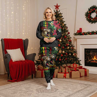 Hawaiian One Love Christmas Pajama Set Reggae Lion Tropical Plants and Kakau with Tribal Pattern