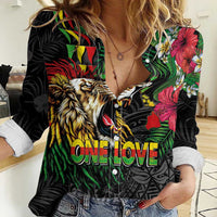 Hawaiian One Love Women Casual Shirt Reggae Lion Tropical Plants and Kakau with Tribal Pattern