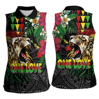 Hawaiian One Love Women Sleeveless Polo Shirt Reggae Lion Tropical Plants and Kakau with Tribal Pattern