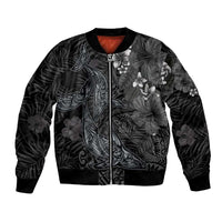 Hawaiian Tropical Plants and Tribal Whales Bomber Jacket Polynesian Art Tattoo Grayscale LT03 Unisex Black - Polynesian Pride