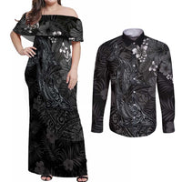 Hawaiian Tropical Plants and Tribal Whales Couples Matching Off Shoulder Maxi Dress and Long Sleeve Button Shirt Polynesian Art Tattoo Grayscale