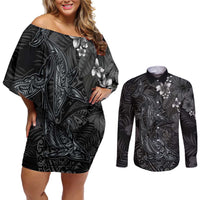 Hawaiian Tropical Plants and Tribal Whales Couples Matching Off Shoulder Short Dress and Long Sleeve Button Shirt Polynesian Art Tattoo Grayscale