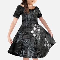 Hawaiian Tropical Plants and Tribal Whales Family Matching Off Shoulder Maxi Dress and Hawaiian Shirt Polynesian Art Tattoo Grayscale