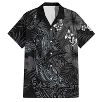 Hawaiian Tropical Plants and Tribal Whales Family Matching Off Shoulder Maxi Dress and Hawaiian Shirt Polynesian Art Tattoo Grayscale