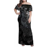 Hawaiian Tropical Plants and Tribal Whales Family Matching Off Shoulder Maxi Dress and Hawaiian Shirt Polynesian Art Tattoo Grayscale