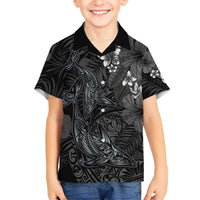 Hawaiian Tropical Plants and Tribal Whales Family Matching Off Shoulder Maxi Dress and Hawaiian Shirt Polynesian Art Tattoo Grayscale