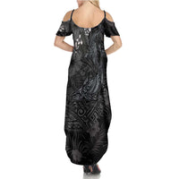 Hawaiian Tropical Plants and Tribal Whales Family Matching Summer Maxi Dress and Hawaiian Shirt Polynesian Art Tattoo Grayscale LT03 - Polynesian Pride