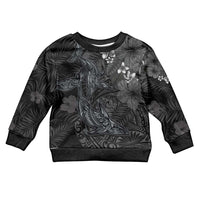 Hawaiian Tropical Plants and Tribal Whales Kid Ugly Christmas Sweater Polynesian Art Tattoo Grayscale