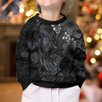 Hawaiian Tropical Plants and Tribal Whales Kid Ugly Christmas Sweater Polynesian Art Tattoo Grayscale