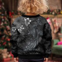 Hawaiian Tropical Plants and Tribal Whales Kid Ugly Christmas Sweater Polynesian Art Tattoo Grayscale