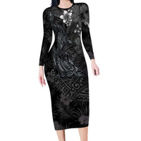 Hawaiian Tropical Plants and Tribal Whales Long Sleeve Bodycon Dress Polynesian Art Tattoo Grayscale