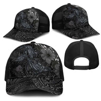 Hawaiian Tropical Plants and Tribal Whales Mesh Trucker Cap Polynesian Art Tattoo Grayscale LT03 - Polynesian Pride