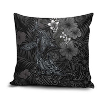 Hawaiian Tropical Plants and Tribal Whales Pillow Cover Polynesian Art Tattoo Grayscale