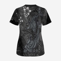 Hawaiian Tropical Plants and Tribal Whales Scrub Top Polynesian Art Tattoo Grayscale LT03 - Polynesian Pride