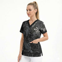 Hawaiian Tropical Plants and Tribal Whales Scrub Top Polynesian Art Tattoo Grayscale LT03 - Polynesian Pride