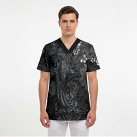 Hawaiian Tropical Plants and Tribal Whales Scrub Top Polynesian Art Tattoo Grayscale LT03 - Polynesian Pride