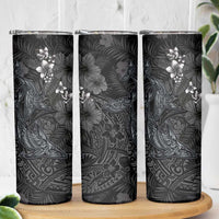 Hawaiian Tropical Plants and Tribal Whales Skinny Tumbler Polynesian Art Tattoo Grayscale