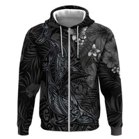 Hawaiian Tropical Plants and Tribal Whales Zip Hoodie Polynesian Art Tattoo Grayscale LT03 Zip Hoodie Black - Polynesian Pride
