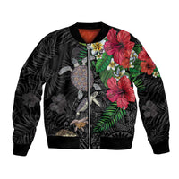 Hawaiian Tropical Plants and Turtles Bomber Jacket Polynesian Art Motifs