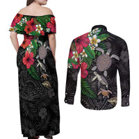 Hawaiian Tropical Plants and Turtles Couples Matching Off Shoulder Maxi Dress and Long Sleeve Button Shirt Polynesian Art Motifs