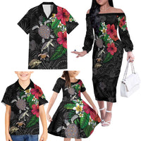 Hawaiian Tropical Plants and Turtles Family Matching Off The Shoulder Long Sleeve Dress and Hawaiian Shirt Polynesian Art Motifs