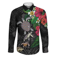 Hawaiian Tropical Plants and Turtles Family Matching Off The Shoulder Long Sleeve Dress and Hawaiian Shirt Polynesian Art Motifs