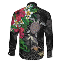 Hawaiian Tropical Plants and Turtles Family Matching Off The Shoulder Long Sleeve Dress and Hawaiian Shirt Polynesian Art Motifs