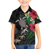 Hawaiian Tropical Plants and Turtles Family Matching Off The Shoulder Long Sleeve Dress and Hawaiian Shirt Polynesian Art Motifs