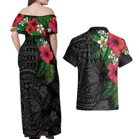 Hawaiian Tropical Plants Couples Matching Off Shoulder Maxi Dress and Hawaiian Shirt Kakau Tattoo and Polynesian Pattern Half Black Color