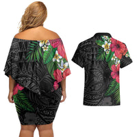 Hawaiian Tropical Plants Couples Matching Off Shoulder Short Dress and Hawaiian Shirt Kakau Tattoo and Polynesian Pattern Half Black Color