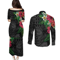 Hawaiian Tropical Plants Couples Matching Puletasi and Long Sleeve Button Shirt Kakau Tattoo and Polynesian Pattern Half Black Color LT03 - Polynesian Pride