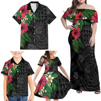 Hawaiian Tropical Plants Family Matching Off Shoulder Maxi Dress and Hawaiian Shirt Kakau Tattoo and Polynesian Pattern Half Black Color