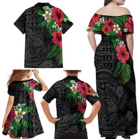 Hawaiian Tropical Plants Family Matching Off Shoulder Maxi Dress and Hawaiian Shirt Kakau Tattoo and Polynesian Pattern Half Black Color