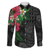 Hawaiian Tropical Plants Family Matching Off Shoulder Maxi Dress and Hawaiian Shirt Kakau Tattoo and Polynesian Pattern Half Black Color