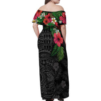 Hawaiian Tropical Plants Family Matching Off Shoulder Maxi Dress and Hawaiian Shirt Kakau Tattoo and Polynesian Pattern Half Black Color