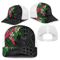 Hawaiian Tropical Plants Mesh Trucker Cap Kakau Tattoo and Polynesian Pattern Half Black Color