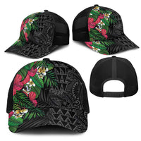 Hawaiian Tropical Plants Mesh Trucker Cap Kakau Tattoo and Polynesian Pattern Half Black Color