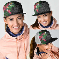 Hawaiian Tropical Plants Mesh Trucker Cap Kakau Tattoo and Polynesian Pattern Half Black Color