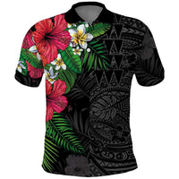 Hawaiian Tropical Plants Polo Shirt Kakau Tattoo and Polynesian Pattern Half Black Color