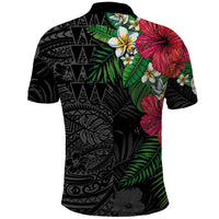 Hawaiian Tropical Plants Polo Shirt Kakau Tattoo and Polynesian Pattern Half Black Color