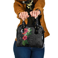 Hawaiian Tropical Plants Shoulder Handbag Kakau Tattoo and Polynesian Pattern Half Black Color