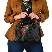 Hawaiian Tropical Plants Shoulder Handbag Kakau Tattoo and Polynesian Pattern Half Black Color