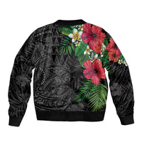 Hawaiian Tropical Plants Sleeve Zip Bomber Jacket Kakau Tattoo and Polynesian Pattern Half Black Color LT03 - Polynesian Pride