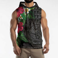Hawaiian Tropical Plants Sleeveless Hoodie Kakau Tattoo and Polynesian Pattern Half Black Color LT03 - Polynesian Pride