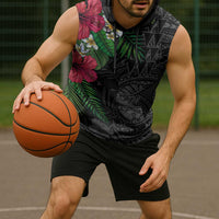 Hawaiian Tropical Plants Sleeveless Hoodie Kakau Tattoo and Polynesian Pattern Half Black Color LT03 - Polynesian Pride