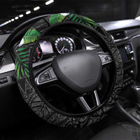 Hawaiian Tropical Plants Steering Wheel Cover Kakau Tattoo and Polynesian Pattern Half Black Color